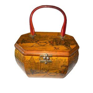 VTG Anton Pieck Wood Landscape Octagon Decoupage Purse Bag Lucite‎ Handle Art